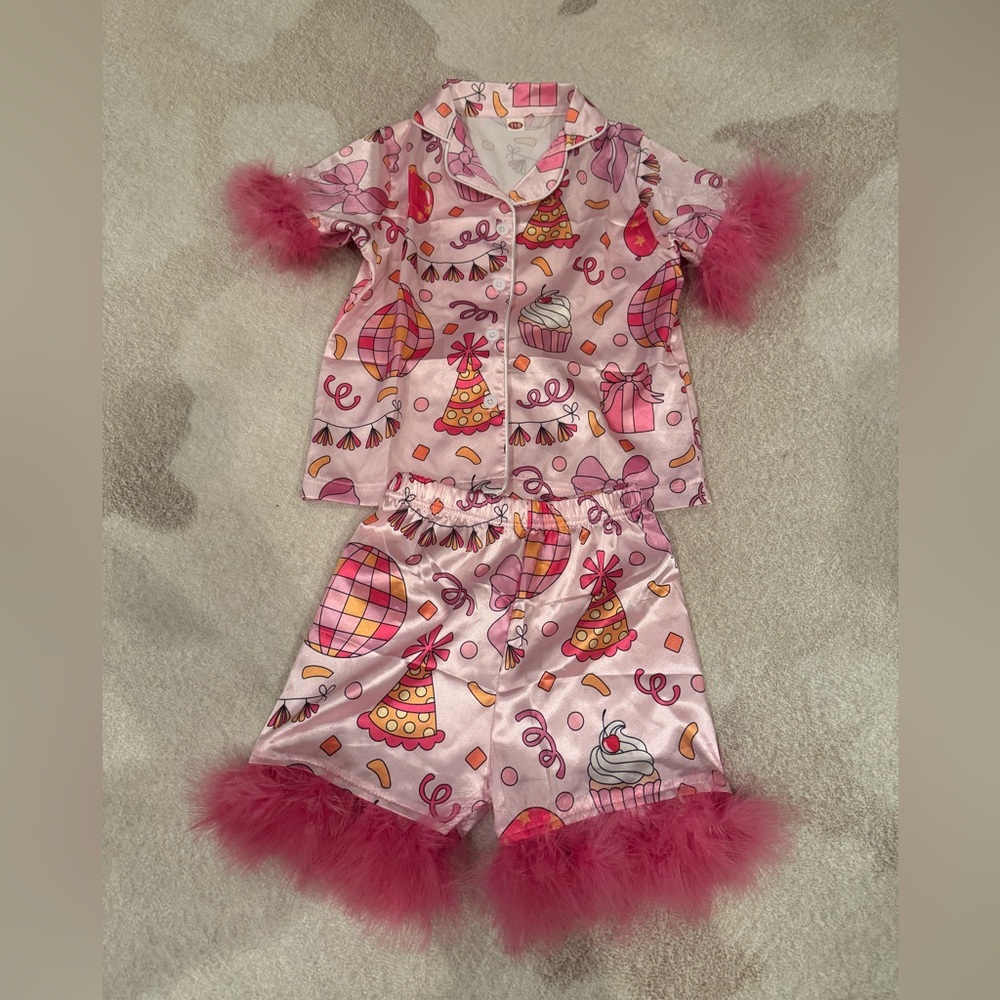 Girls birthday silk pajamas with feather accents